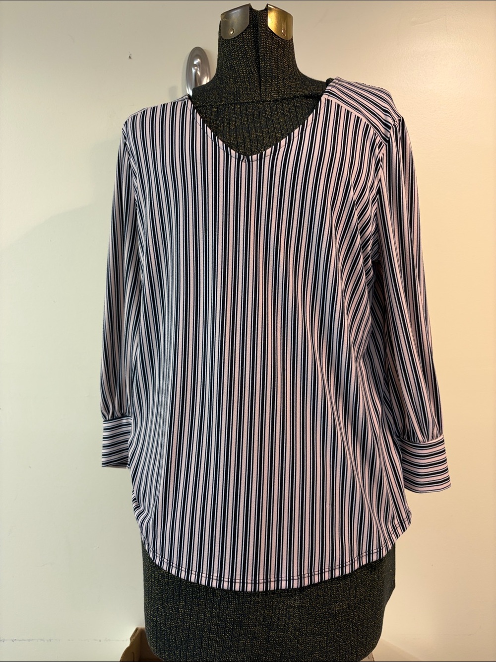 Women's Beige and Black Striped V-Neck Blouse